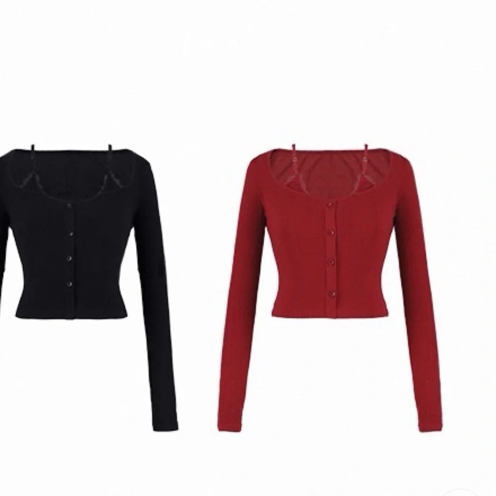 Red Cropped Button-Up Ribbed Cardigan Top - Picture 4 of 4